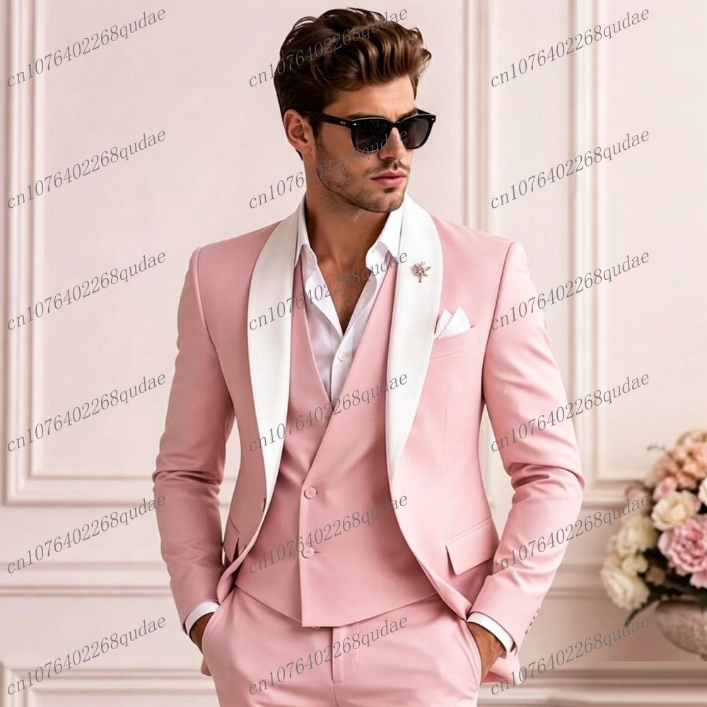 Men'S Groom - White Collar Pink Formal Men Suit